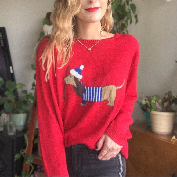 Crystal Kob Sweaters - Dachshund Dog Holiday "ugly" Christmas Sweater red